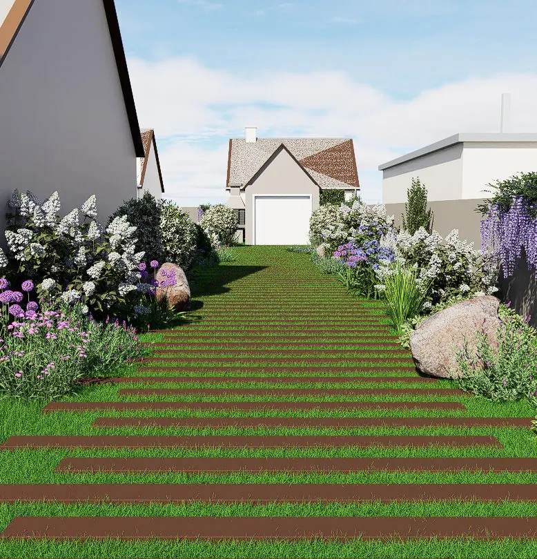 Visuel 3D d'une allée de jardin bordée de massifs