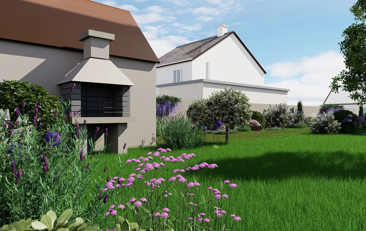 Visuel 3D d'un jardin avec barbecue maçonné, massifs et pelouse
