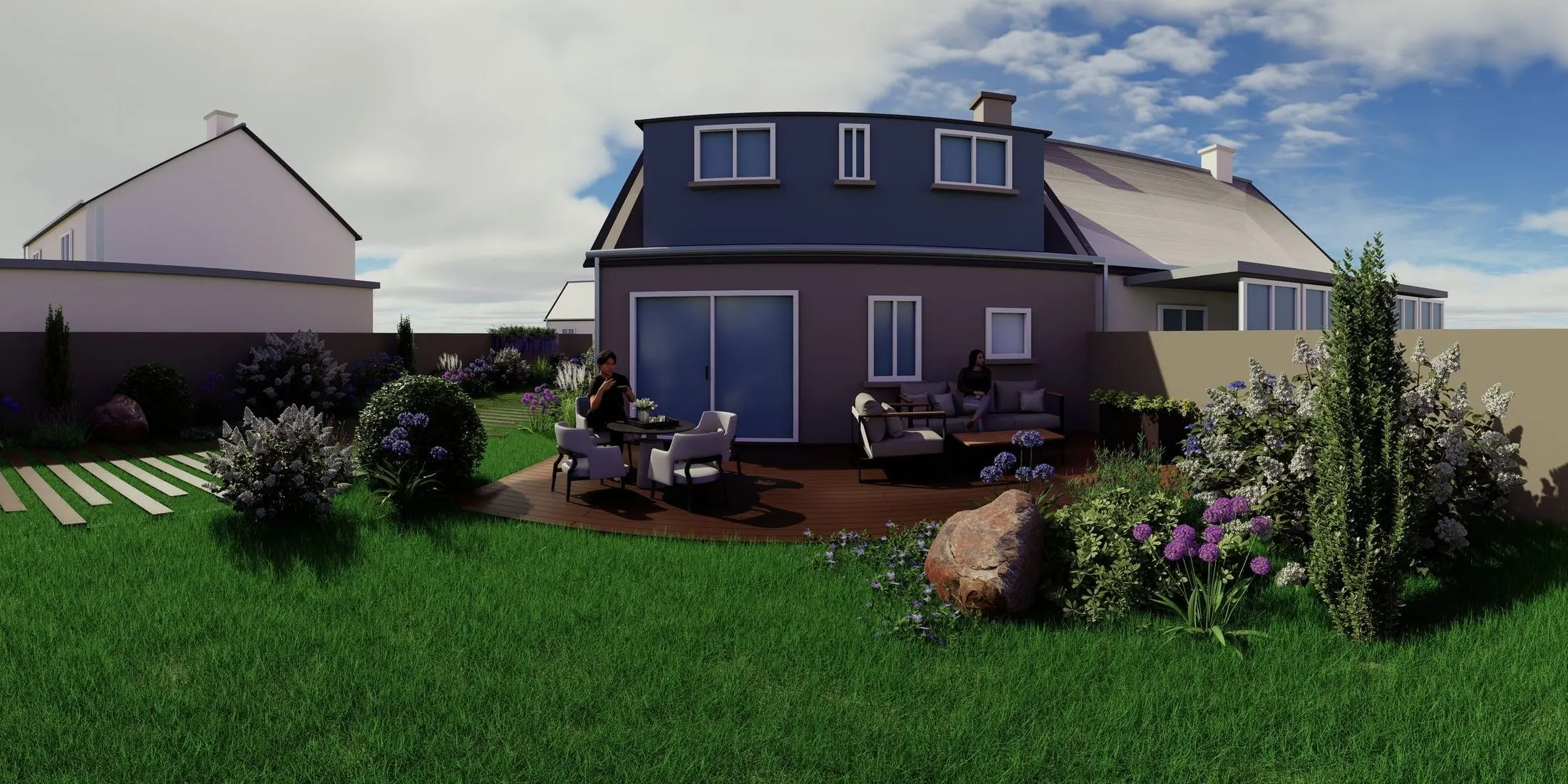 Le jardin d'Île-Tudy en 3D : pelouse, terrasse bois, massifs d'hortensias et maison