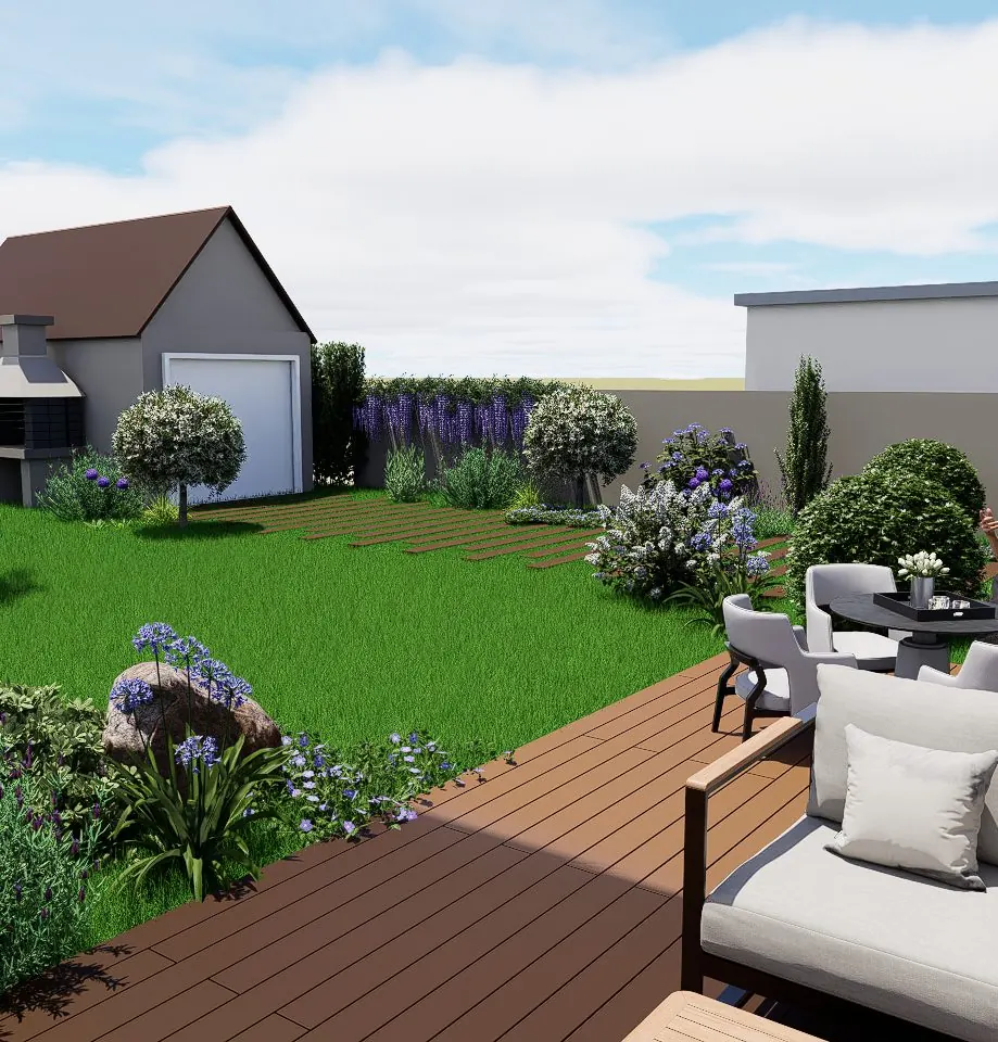 Visuel 3D d'une terrasse en bois avec salon et massifs fleuris