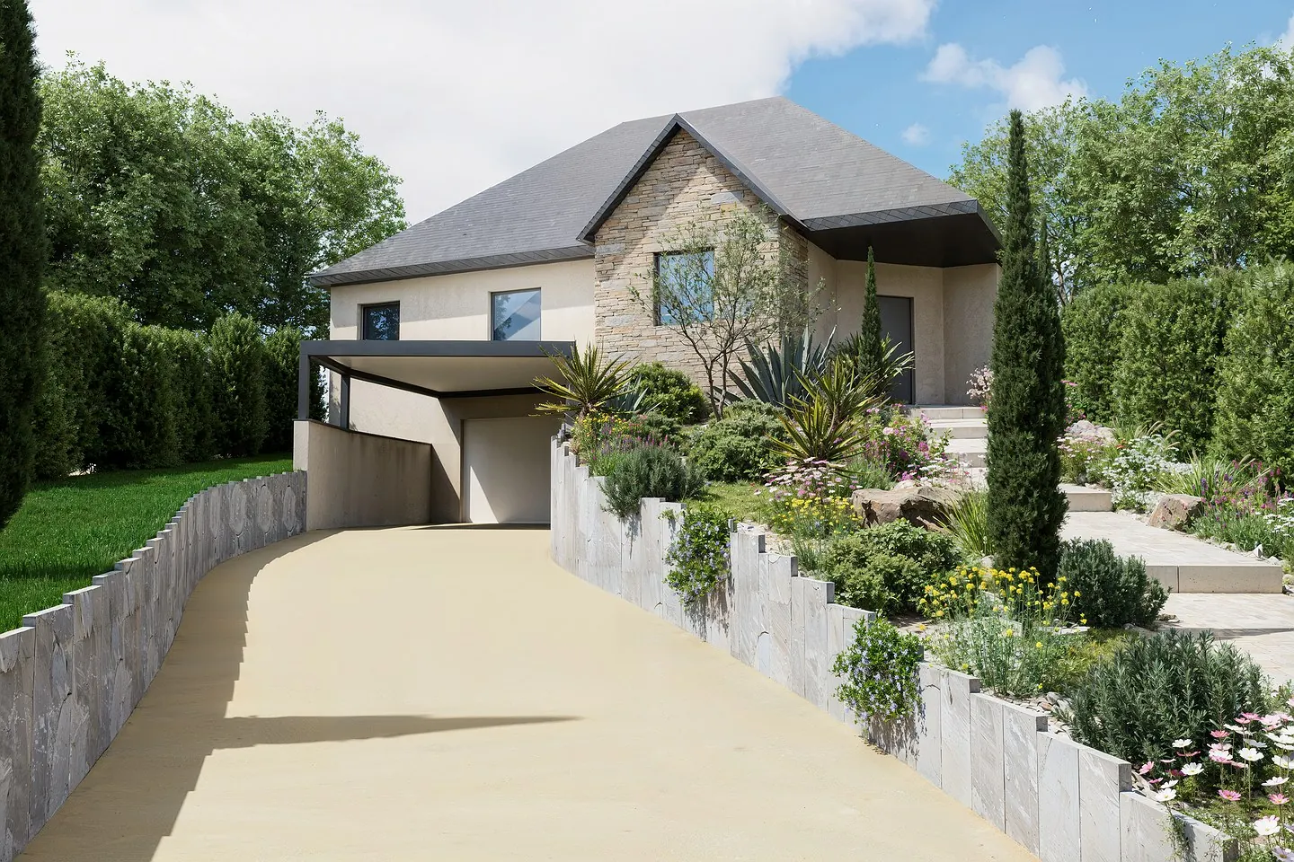 Visuel 3D de l'entrée d'une maison à Ploeren : portail, allée et massifs