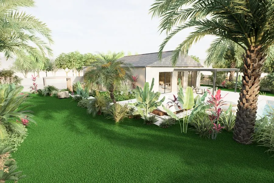 Visuel 3D d'un jardin tropical devant une maison au Pays basque